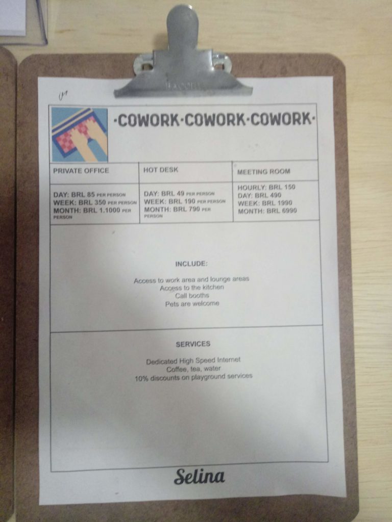 lista de preços do espaço de coworking